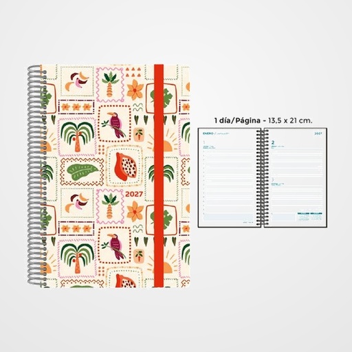 AGENDA ANUAL (2027) SENFORT DECORADA ESPIRAL tapa PP con GOMA 135x210 D/P TROPICAL