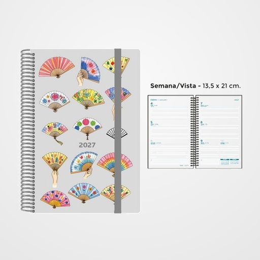 AGENDA ANUAL (2027) SENFORT DECORADA ESPIRAL tapa PP con GOMA 135x210 S/V ABANICOS