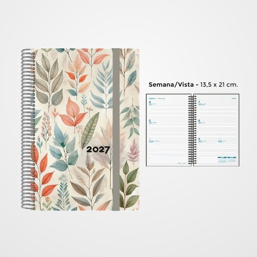 AGENDA ANUAL (2027) SENFORT DECORADA ESPIRAL tapa PP con GOMA 135x210 S/V HOJAS COLOR