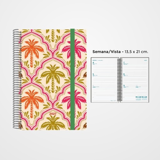 AGENDA ANUAL (2027) SENFORT DECORADA ESPIRAL tapa PP con GOMA 135x210 S/V PALMERAS COLOR