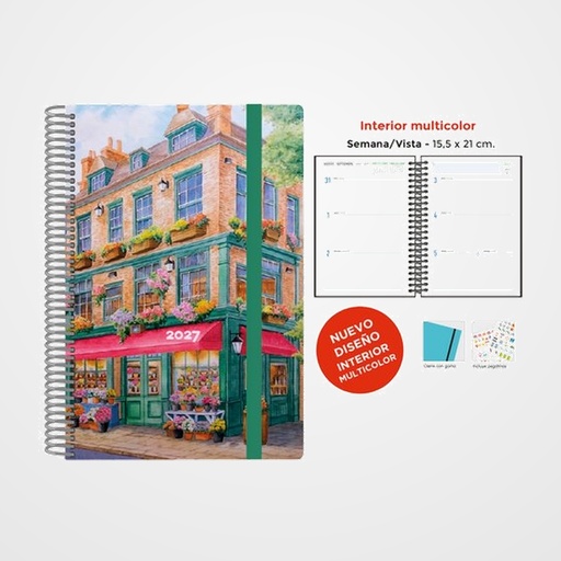 AGENDA ANUAL (2027) SENFORT DECORADA WIRE-O tapa EXTRA con GOMA 155x210 S/V FLORISTERIA