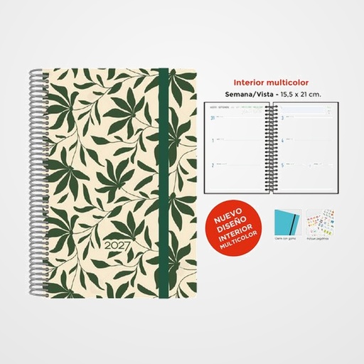 AGENDA ANUAL (2027) SENFORT DECORADA WIRE-O tapa EXTRA con GOMA 155x210 S/V HOJAS VERDES