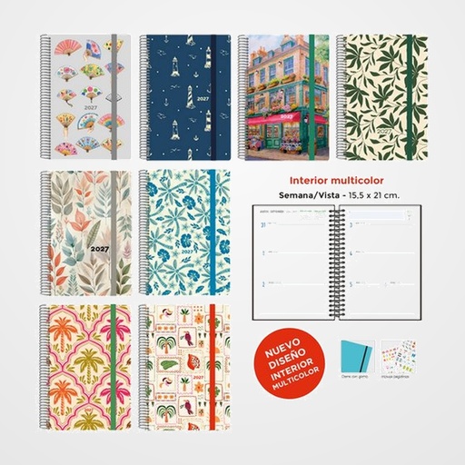 AGENDA ANUAL (2027) SENFORT DECORADA WIRE-O tapa EXTRA con GOMA 155x210 S/V SURTIDO DE 8