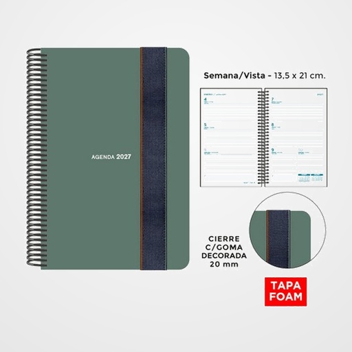 AGENDA ANUAL (2027) SENFORT FOAM SEOUL ESPIRAL tapa PP FOAM con GOMA 135x210 S/V VERDE