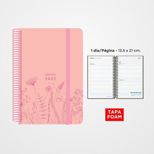 AGENDA ANUAL (2027) SENFORT FOAM SPRING ESPIRAL tapa PP FOAM con GOMA 135x210 D/P ROSA PASTEL