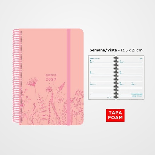 AGENDA ANUAL (2027) SENFORT FOAM SPRING ESPIRAL tapa PP FOAM con GOMA 135x210 S/V ROSA PASTEL
