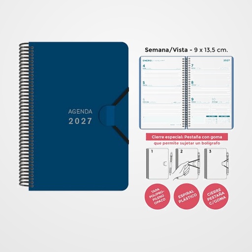 AGENDA ANUAL (2027) SENFORT MINI ESPIRAL tapa PP con GOMA 90x135 S/V AZUL OSCURO