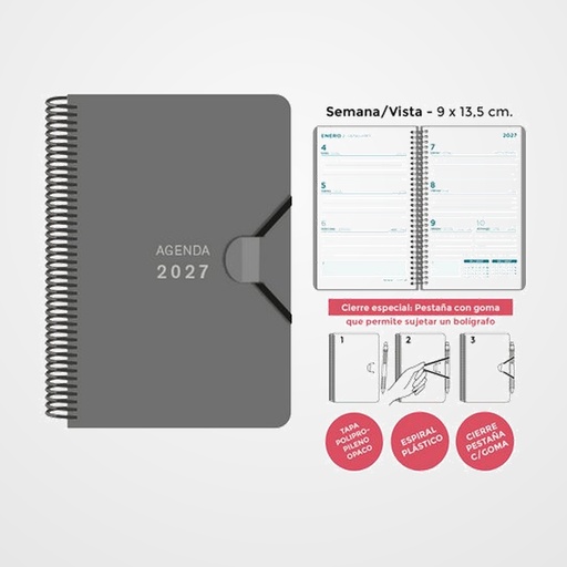 AGENDA ANUAL (2027) SENFORT MINI ESPIRAL tapa PP con GOMA 90x135 S/V GRIS