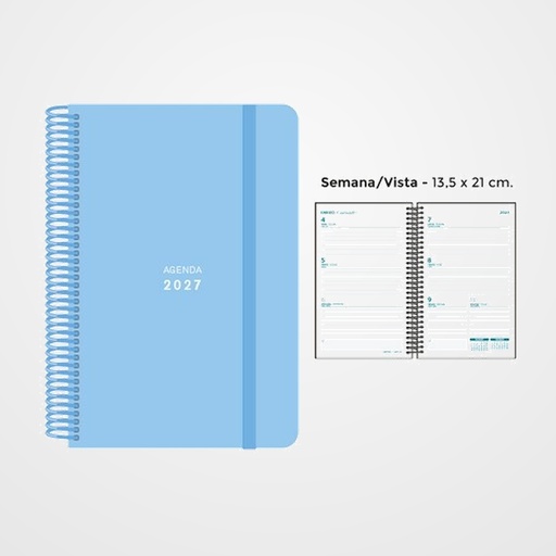 AGENDA ANUAL (2027) SENFORT PASTEL ESPIRAL tapa PP con GOMA 135x210 S/V AZUL