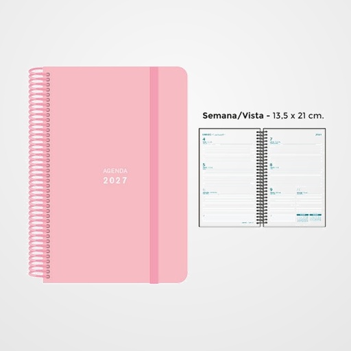 AGENDA ANUAL (2027) SENFORT PASTEL ESPIRAL tapa PP con GOMA 135x210 S/V ROSA