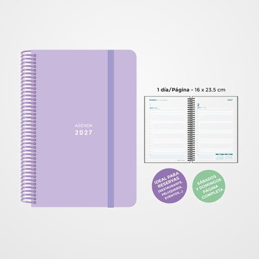 AGENDA ANUAL (2027) SENFORT PASTEL ESPIRAL tapa PP con GOMA 160x235 D/P LILA