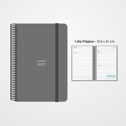 AGENDA ANUAL (2027) SENFORT UNICOLOR ESPIRAL tapa PP con GOMA 135x210 D/P GRIS