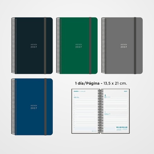 AGENDA ANUAL (2027) SENFORT UNICOLOR ESPIRAL tapa PP con GOMA 135x210 D/P SURTIDO DE 4