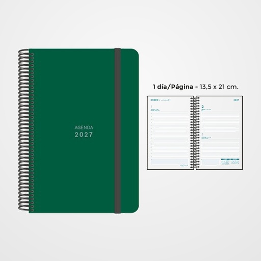 AGENDA ANUAL (2027) SENFORT UNICOLOR ESPIRAL tapa PP con GOMA 135x210 D/P VERDE OSCURO