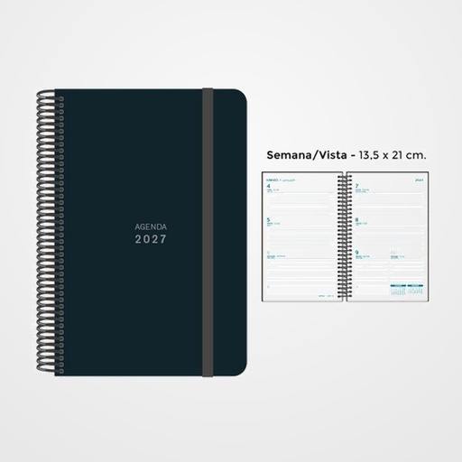 AGENDA ANUAL (2027) SENFORT UNICOLOR ESPIRAL tapa PP con GOMA 135x210 S/V NEGRO
