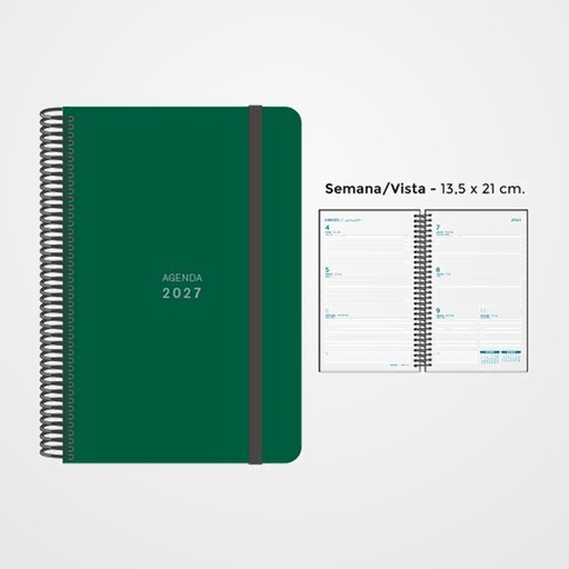AGENDA ANUAL (2027) SENFORT UNICOLOR ESPIRAL tapa PP con GOMA 135x210 S/V VERDE OSCURO