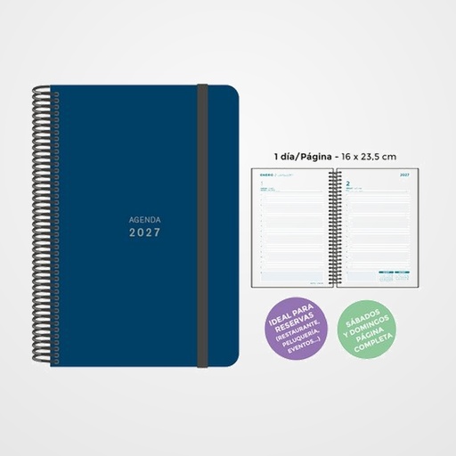 AGENDA ANUAL (2027) SENFORT UNICOLOR ESPIRAL tapa PP con GOMA 160x235 D/P AZUL OSCURO