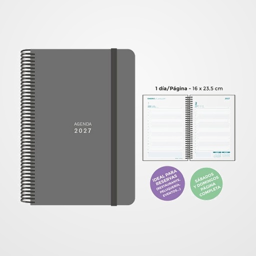AGENDA ANUAL (2027) SENFORT UNICOLOR ESPIRAL tapa PP con GOMA 160x235 D/P GRIS