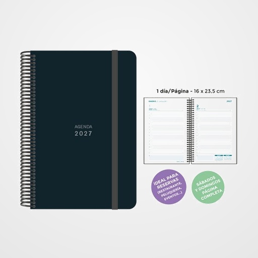 AGENDA ANUAL (2027) SENFORT UNICOLOR ESPIRAL tapa PP con GOMA 160x235 D/P NEGRO