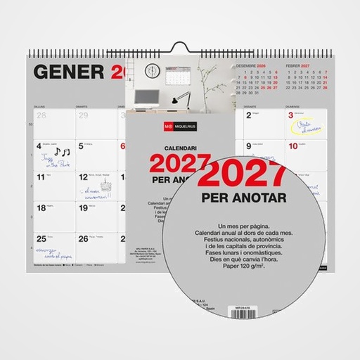 CALENDARIO (2027) CATALAN MIQUELRIUS PARET BASIC MENSUAL PARA ESCRIBIR A3 420x296
