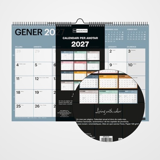 CALENDARIO (2027) CATALAN MIQUELRIUS PARET DESIGN CHROMAT MENSUAL PARA ESCRIBIR A3 420x296