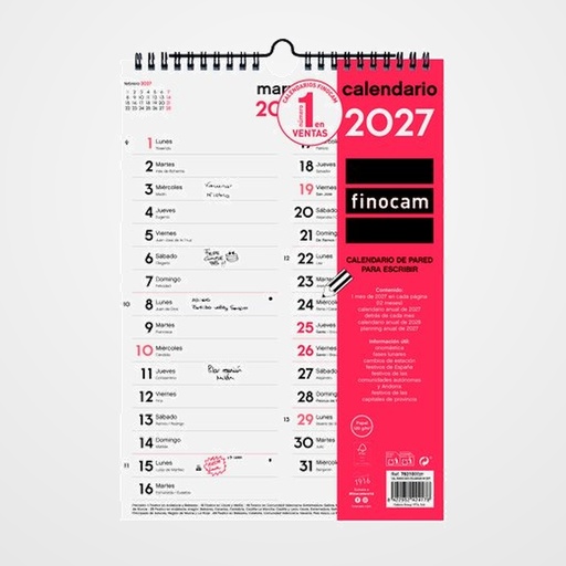 CALENDARIO (2027) FINOCAM PARED MENSUAL PARA ESCRIBIR COLUMNAS M 210x300