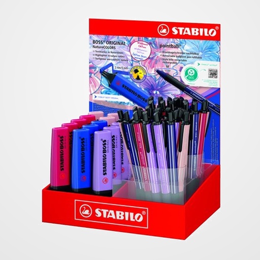 BOLIGRAFO STABILO RETRACTIL POINTBALL WILDFLOWERS EXPOSITOR MIXTO de 53 (10xborgoña, 10xultra marino, 9x lila grisáceo y 9x colorete) + 15 uds BOSS Original Wildflowers