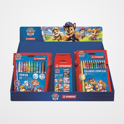 EXPOSITOR STABILO PATRULLA CANINA SOBREMESA BASICO 8x  ROTUL. POWER ESTUCHE de 12 10x BOSS MINI ESTUCHE de 6 8x  LAPICES de COLORES ESTUCHE de 12