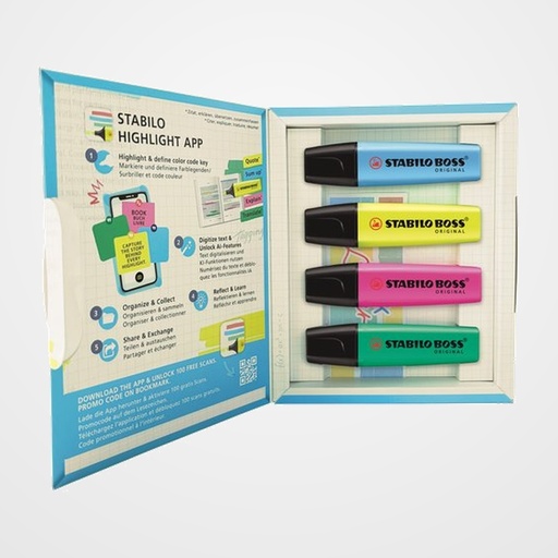 MARCADOR FLUOR STABILO BOSS 70 HIGHLIGHT APP BOOKLOVER SET de 4 (70/24 amarillo, 70/58 lila, 70/31 azul y 70/51 turquesa)