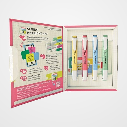 MARCADOR FLUOR STABILO SWING COOL HIGHLIGHT APP BOOKLOVER SET de 4 (275/144-8 amarillo cremoso, 275/150-8 rosa cerezo en flor, 275/116-8 pizca de menta, 275/112-8 azul ventoso)