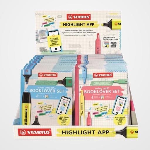 STABILO HIGHLIGHT APP BOOKLOVER SETS EXPOSITOR DE 20 10x 70/4-1-104 BOSS 70 ORIGINAL SET de 4 10x 275/4-08-3 SWING COOL SET de 4