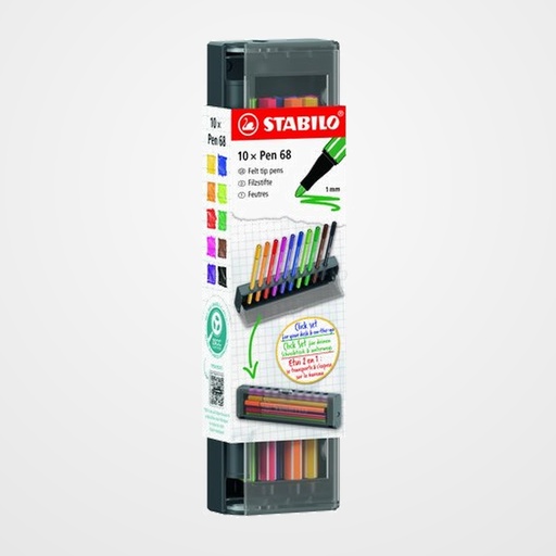 ROTULADOR FIBRA STABILO PEN 68 CLICK SET ESTUCHE de 10