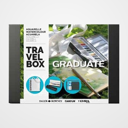 ACUARELAS DALER ROWNEY GRADUATE TRAVEL BOX (Incluye: 1x bolsa, 1x estuche de 12 acualeras + pincel, 1x lapiz, 1x bloc Canson)