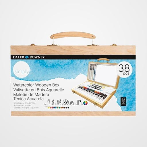 ACUARELAS DALER ROWNEY SIMPLY CAJA DE MADERA de 38 PIEZAS (Incluye: 14x tubos, 15x hojas, 1x pincel, 3x pinceles con depósito, 3x rotuladores de doble punta, 1x paleta, 1x guía para mezclar colores)
