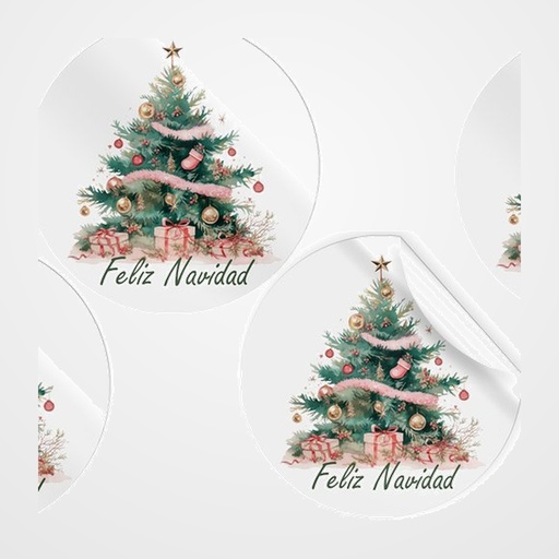 ETIQUETAS REGALO ADH. ROLLO  250 uds. REDONDAS Ø 40 NAVIDAD  ARBOL  ROSA
