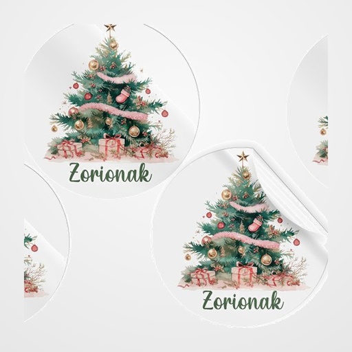 ETIQUETAS REGALO EUSKERA ADH. ROLLO  250 uds. REDONDAS Ø 40 NAVIDAD  ARBOL