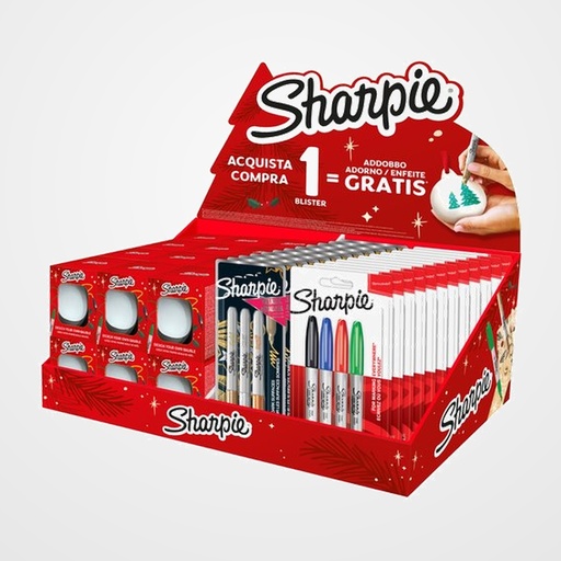 EXPOSITOR SHARPIE METALLIC/ACRYLIC + BOLAS NAVIDAD 12x 1986006 ROT. METALLIC F BLISTER DE 3 (oro, plata y bronce) 12x 1985858 ROT. FINE BLISTER DE 4 (negro, azul, rojo, verde) 24x BOLA NAVIDAD CERAMICA SIN CARGO