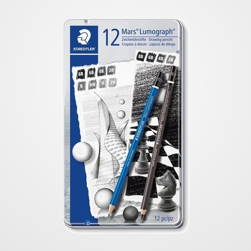 LAPIZ de GRAFITO STAEDTLER 100 LUMOGRAPH caja METAL de 12 (6B, 5B, 4B, 3B, 2B, B, HB, F, H, 2H, 3H, 4H)
