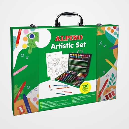 MALETIN ALPINO ARTISTIC SET DE 130 PIEZAS 40x CERAS 30x LAPICES DE COLORES CORTOS 24x ACUARELAS 12x PINTURAS ACRILICAS 3ml 10x ROTULADOR DOBLE PUNTA 10x LAMINA PARA COLORAR  1x LAPIZ GRAFITO  1x GOMA  1x AFILA LAPIZ  1x PINCEL