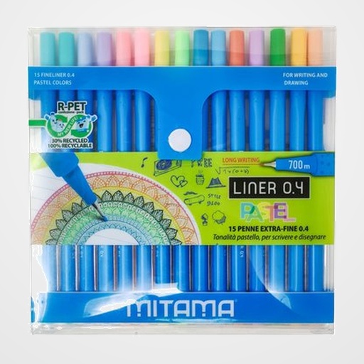 ROTULADOR FIBRA MITAMA FINELINER (0,4) PASTEL BLISTER de 15