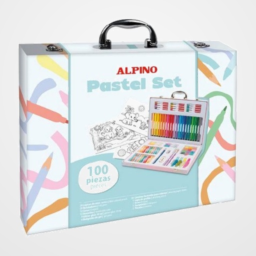 MALETIN ALPINO ARTISTIC SET PASTEL DE 105 PIEZAS 20x LAPICES DE COLORES CORTOS 20x ROTULADORES PASTEL 12x ACUARELAS 12x CERAS  6x BOLIGRAFO GEL  1x LAPIZ GRAFITO  1x GOMA  1x AFILA LAPIZ  2x PINCEL  4x GLITTER GLUE 25x LAMINA PARA COLORAR