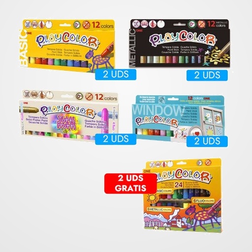 TEMPERA SOLIDA PLAYCOLOR SURTIDO IMPRESCINDIBLES DE 10 2x PY10121 METALLIC ONE C/12 2x PY10731 BASIC ONE C/12 2x PY02011 WINDOW ONE C/12 2x PY20181 TUTTI FRUTTI ONE C/12 2x PY02041 ONE C/24 REGALO SIN CARGO