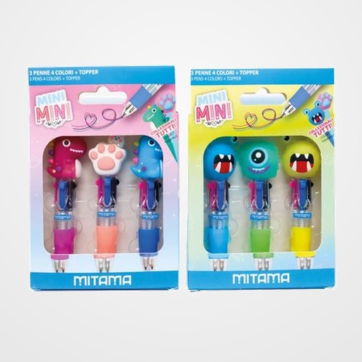BOLIGRAFO de 4 COLORES MITAMA MINI con TOPPER SURTIDO BLISTER de 3 (6 mod.)