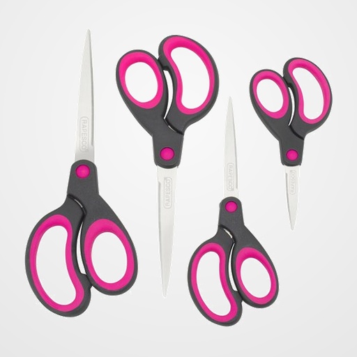 TIJERAS RAPESCO CON MANGO SUAVE VARIOS TAMAÑOS PAQUETE de 4 NEGRO Y FUCSIA