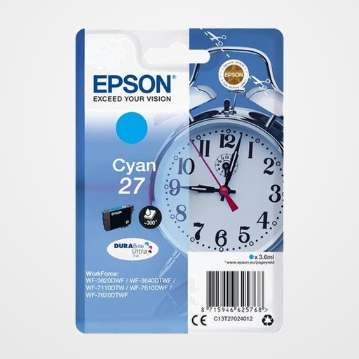 CARTUCHO INKJET EPSON T270240 Nº27 WORKFORCE WF-3620DWF/3620DWF/3640DTWF/7110DTW/7610DWF/7620DTWF CIAN 3,6ML