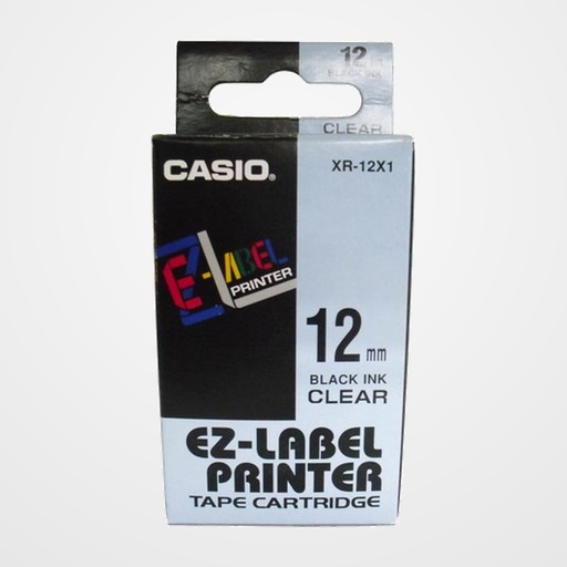 CINTA de ROTULAR CASIO 8m 12mm NEGRO sobre TRANSPARENTE (XR-12X1)