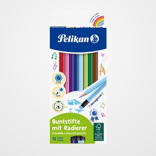 LAPICES de COLORES PELIKAN BORRABLE estuche de 12 con GOMA (700689)