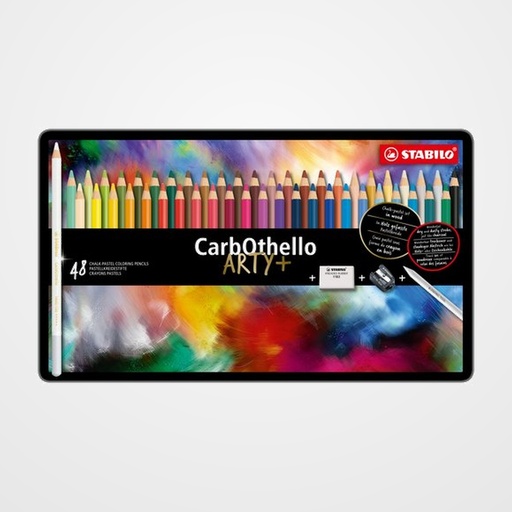 LAPICES de COLORES STABILO CARBOTHELLO estuche de METAL de 48 (Incluye 1 afilalapices 4514 + 1 goma de borrar 1183 + 1 difumino)
