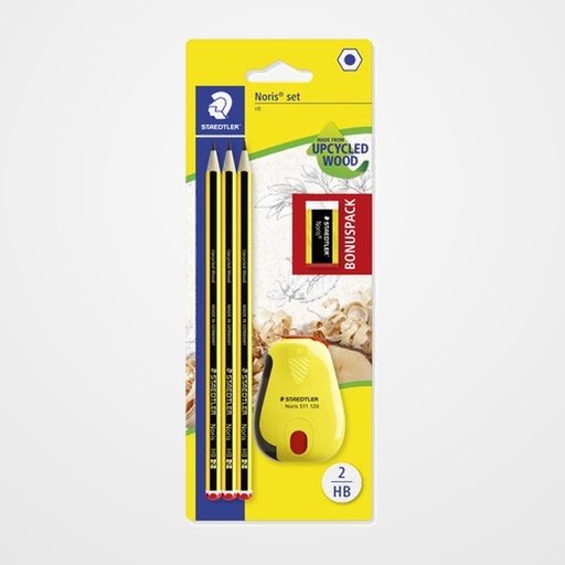 LAPIZ de GRAFITO STAEDTLER 120 NORIS Nº2 - HB BLISTER de 3 + AFILALAPIZ con DEPOSITO (Regalo: goma de borrar mini diseño noris)