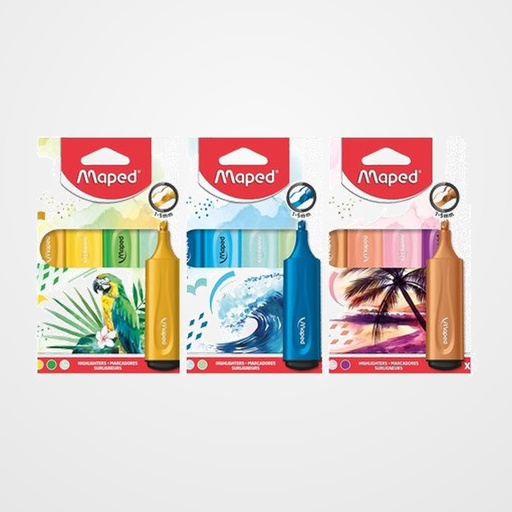 MARCADOR FLUOR MAPED PACK DE 4 COLORES SURTIDOS EXPOSITOR DE 12 3x OCEAN 3x TROPICAL 3x PUESTA DE SOL